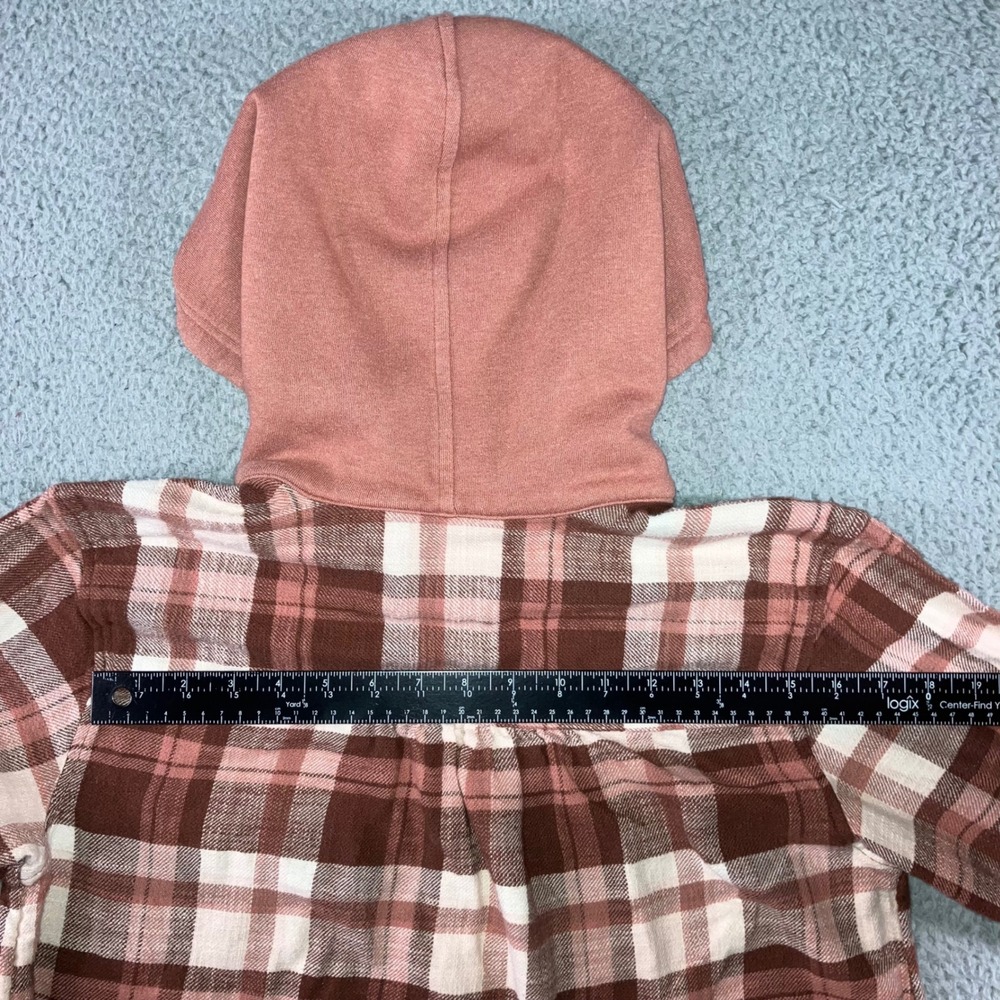 American Eagle Hooded Flannel Shirt Women Small Brown Pink Button Up Y2K Shacket - Picture 9 of 10